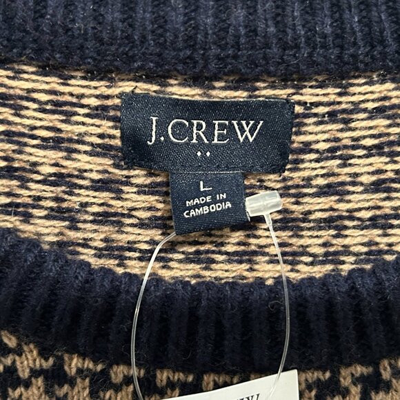 NWT J. CREW Sz L Lamb Wool Houndstooth Crewneck Brown /Navy Blue Preppy Sweater - Picture 7 of 7